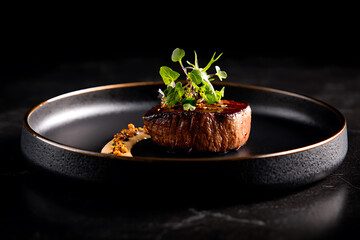 gourmet food photography, michelin-style luxury steak dish with dramatic shadows set against a black background