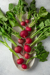 bunch of radishes with green leaves on grey background with copy space
