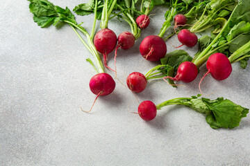 bunch of radishes with green leaves on grey background with copy space