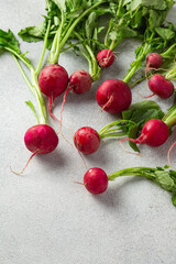 bunch of radishes with green leaves on grey background with copy space