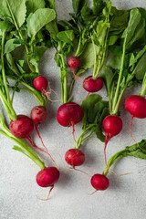 bunch of radishes with green leaves on grey background with copy space