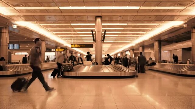 A traveler in motion at an airport baggage claim area, surrounded by other passengers waiting for their luggage, creating a lively atmosphere of anticipation and movement