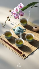 Zen Tea Ritual: Traditional Asian Tea Set on Bamboo Mat
