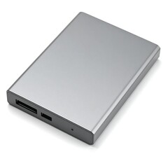 Fototapeta premium Sleek Grey Portable SSD / Hard Drive Enclosure with USB Ports on White Background