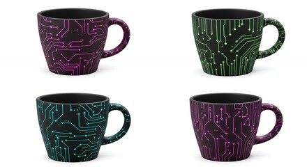 Colorful circuit board patterned mugs