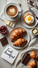 Morning Indulgence: A ‘Fresh Breakfast’ Flat-Lay with Steaming Coffee, Buttery Croissants & Decadent Chocolate