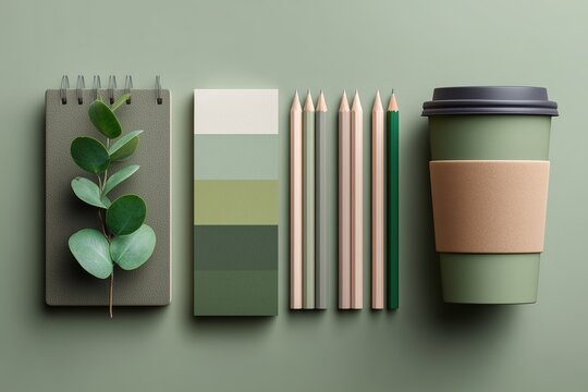 Eco-friendly green stationery pencils and to-go cup on pastel green creative background.