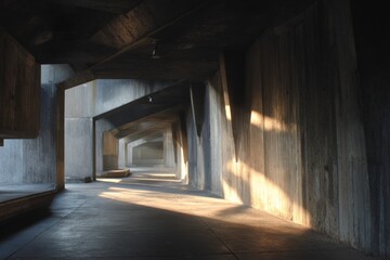 Sunrise casting long shadows through open minimalist corridor.