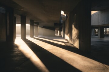 Sunrise casting long shadows through open minimalist corridor.