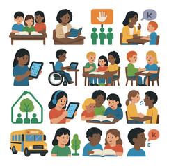 Diverse children learning and interacting with teachers in classroom settings