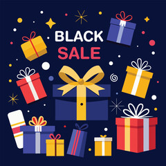Festive black friday sale announcement featuring a variety of gift boxes and sparkles on a dark blue background with stars