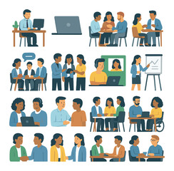 Diverse business meetings and collaboration among professionals in various settings