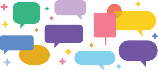 Collection of colorful modern and vibrant speech bubbles and thought balloons scattered against a white background with sparkling accents and confetti