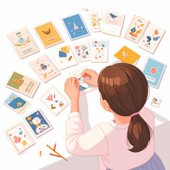 A young woman meticulously crafts delicate cards adorned with floral and insect motifs, surrounded by a collection of completed designs.
