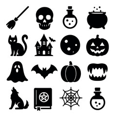 Halloween icons: skulls, pumpkins, ghosts, and spooky symbols collection