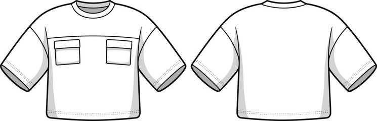 Obraz premium White t-shirt front, back view, chest pockets, fashion sketch, apparel template, clothing design, technical drawing, cad drawing flat vector illustration