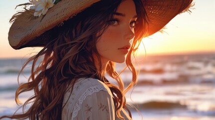 Serene Beauty at Sunset Young Woman in Straw Hat Brown Hair Freckles and White Dress Enjoying Beach Coastal Lifestyle