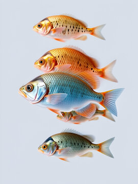 Side view of multiple species of fish including Zingel asper isolated on transparent background with studio lighting highlighting their features and colors