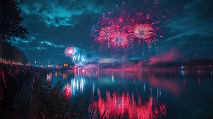 Fireworks display over water reflecting colorful lights at night with crowd watching the spectacle