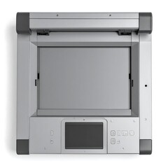 Fototapeta premium Top View of a Grey Flatbed Document Scanner with Open Lid and Digital Display
