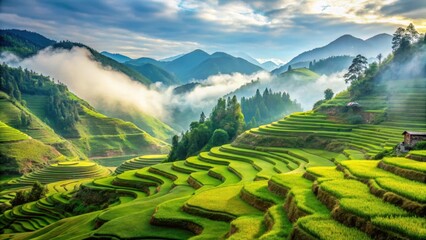 Lush green rice terraces cascading into a misty valley surrounded by towering mountains in Yunnan Province China, green landscape, blue rice fields