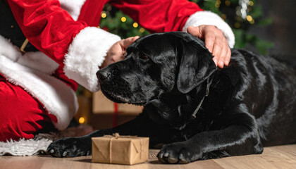 Happy black Labrador dog enjoying gentle pet from someone dressed as Santa Claus, with thoughtful Christmas present nearby, creating warm and joyful holiday atmosphere