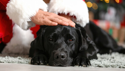Black labrador dog relaxes peacefully on soft rug, gently petted by person in red Santa suit. cozy atmosphere captures warm, beloved moment during holiday season