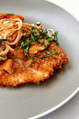 Crispy Fried Fillet Served on a Stylish Plate Garnished with Fresh Herbs and Onion Strips, Exuding Flavor and Elegance in Every Bite