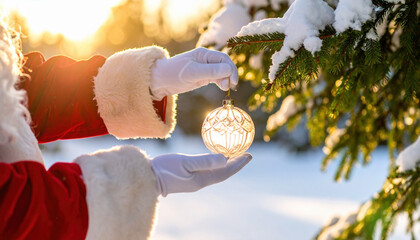 Santa Claus carefully hangs sparkling Christmas ornament on snow covered evergreen tree branch, filled with warmth and joy of holiday season in golden sunlight