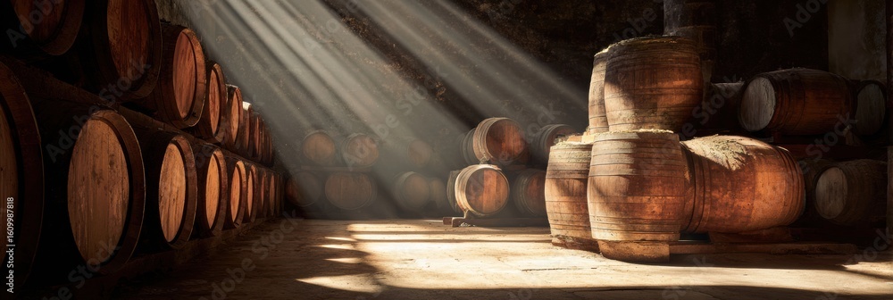 Poster light rays illuminate stacked barrels in a rustic cellar with contrast between dark ambiance and cle