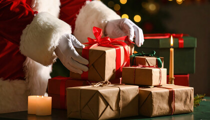 Classic Santa Claus figure carefully arranges beautiful wrapped Christmas presents, embodying cheerful spirit of holiday giving. This festive scene captures excitement and joy of seasonal