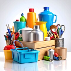 Vibrant Collection of Art and Household Supplies: Bottles, Containers, and Creative Tools on White