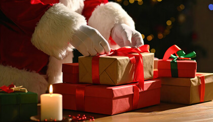 Joyful person arranges holiday presents, meticulously placing beautifully wrapped gifts adorned with bright red ribbons. glowing candle provides warm ambiance, enhancing festive spirit of giving