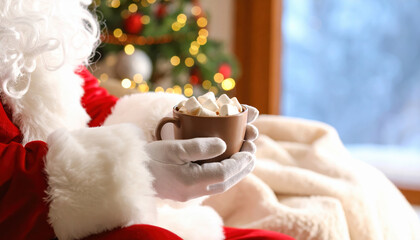 Santa, enjoying warm Christmas holiday, holds cozy mug of hot chocolate. festive scene captures moment of relaxation and cheer, perfect for winter comfort and celebration
