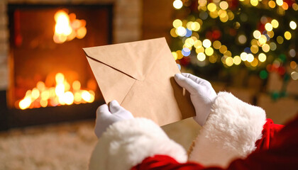 Santa hand holding letter and envelope near glowing fireplace. twinkling Christmas tree with warm light sets festive Christmas holiday scene. cozy atmosphere evokes joy, comfort, and peaceful