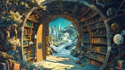 A magical doorway leads from a cozy library to a snowy landscape with futuristic buildings