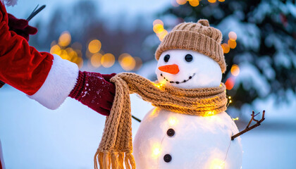 Gloved hand gently adjusts cozy knitted scarf on happy snowman. festive outdoor winter scene, illuminated by warm glowing string lights, radiates joyful and heartwarming holiday spirit