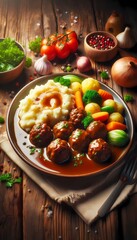 Meatballs in tomato sauce with mashed potato on the white plate, top view, view from above