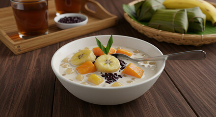 Delicious Asian Dessert with Bananas, Sweet Potato, and Black Rice