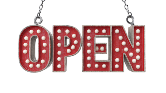 3D hanging shop sign reading Open for store design, isolated on transparent background 