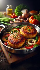 Meat cutlets. Cutlets in a pan on a black concrete table background. Delicious tasty food.