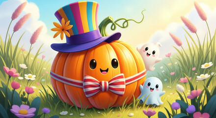 Naklejka premium Whimsical Pumpkin Character with Striped Hat and Bowtie Surrounded by Friendly Ghosts and Colorful Flowers in a Sunny Meadow Creating a Joyful Autumn Scene