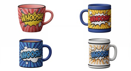 Colorful comic book style mugs