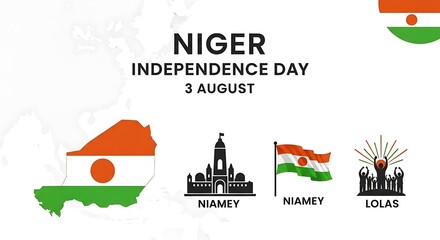 Niger Independence Day Celebration: Flags, Map, and Niamey Silhouettes.