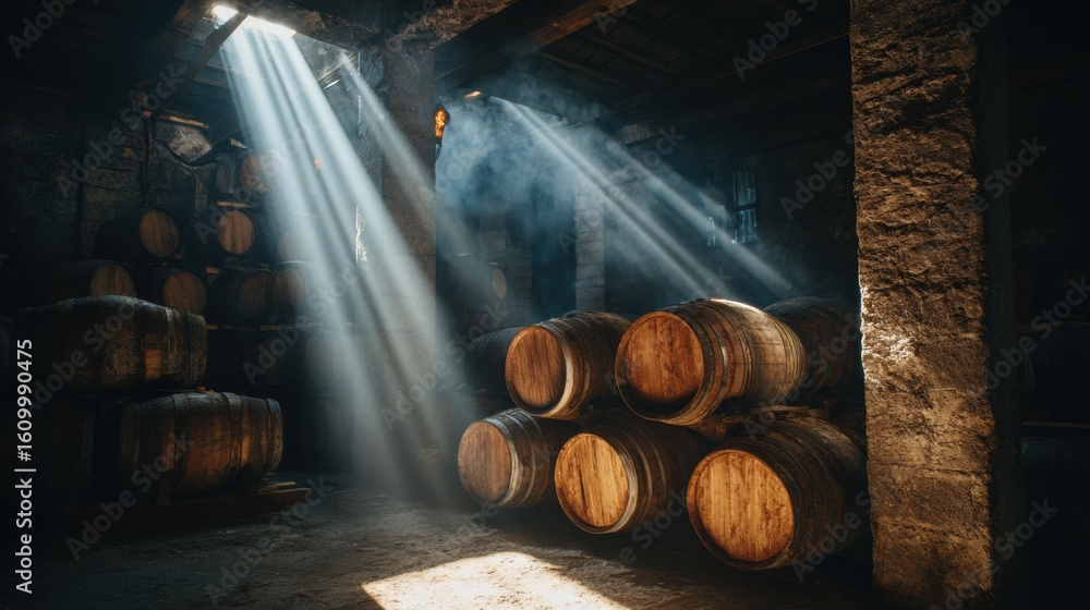 Poster barrels stacked in a dark cellar illuminated by light rays creating a mysterious atmosphere