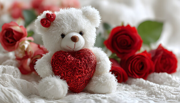 C&oelig;ur Rouge, Roses et Ourson en Peluche, id&eacute;al pour Saint Valentin, amour , mariage, carte d'invitation