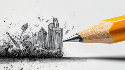 A pencil drawing a cityscape with paintbrushes on a white background in a creative composition