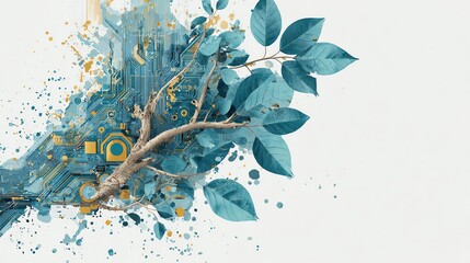 tree of technology and nature, half mechanical circuits and half leaves and branches, blending into splatter abstract background