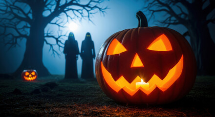 Obraz premium Illuminated Jack-o'-Lantern with Eerie Figures in a Misty Forest Under a Full Moon, Creating a Chilling and Atmospheric Scene of the Season