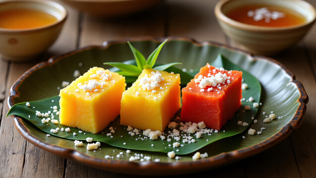 Close-Up of Colorful Indonesian Getuk Lindri Cassava Cake with Grated Coconut on Banana Leaf Plate and Herbal Tea &ndash; High-Resolution Food Photography
